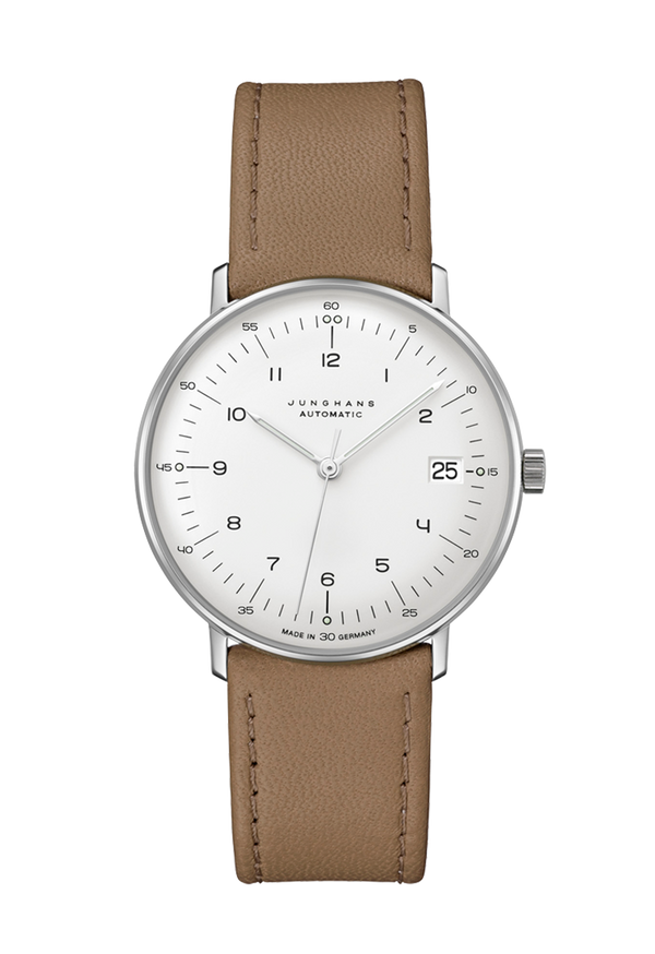Junghans Max Bill Kleine Automatic 27/4107.02 – Damenuhr Edelstahl 34 mm mit weißem Zifferblatt und Lederarmband