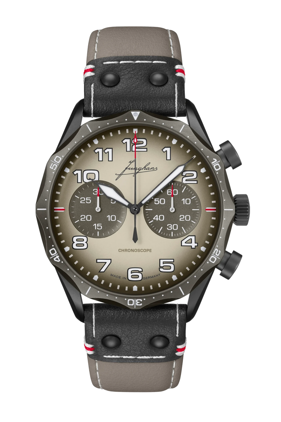 Junghans Pilot Chronoscope Desert 43,3mm 27/3398.00 - Zifferblatt Sand, Armband Leder