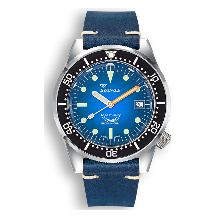 Squale 1521 Blue Ray Lederband 1521PROFD.PB – Taucheruhr Edelstahl 42 mm, Zifferblatt Blau, Lederband