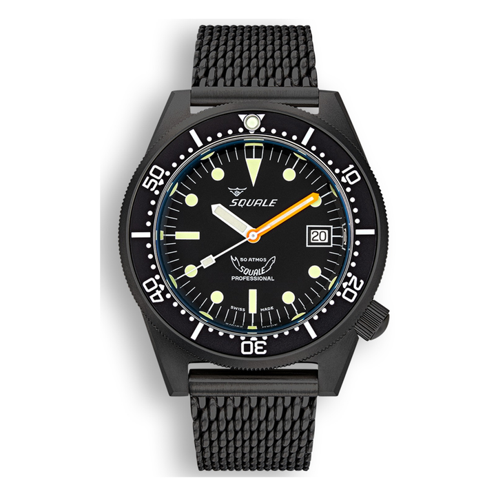 Squale 1521 DLC Milanaise-Armband 1521DLCBK.MEPVD20 – Taucheruhr Edelstahl 42 mm, Zifferblatt Schwarz, Milanaise-Armband