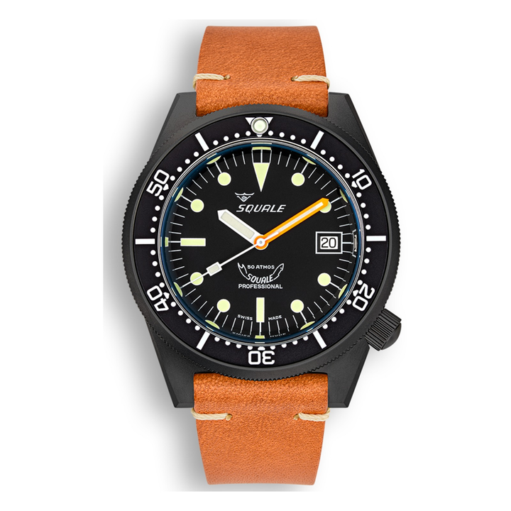 Squale 1521 DLC Lederband 1521DLCBK.PC – Taucheruhr Edelstahl 42 mm, Zifferblatt Schwarz, Lederband