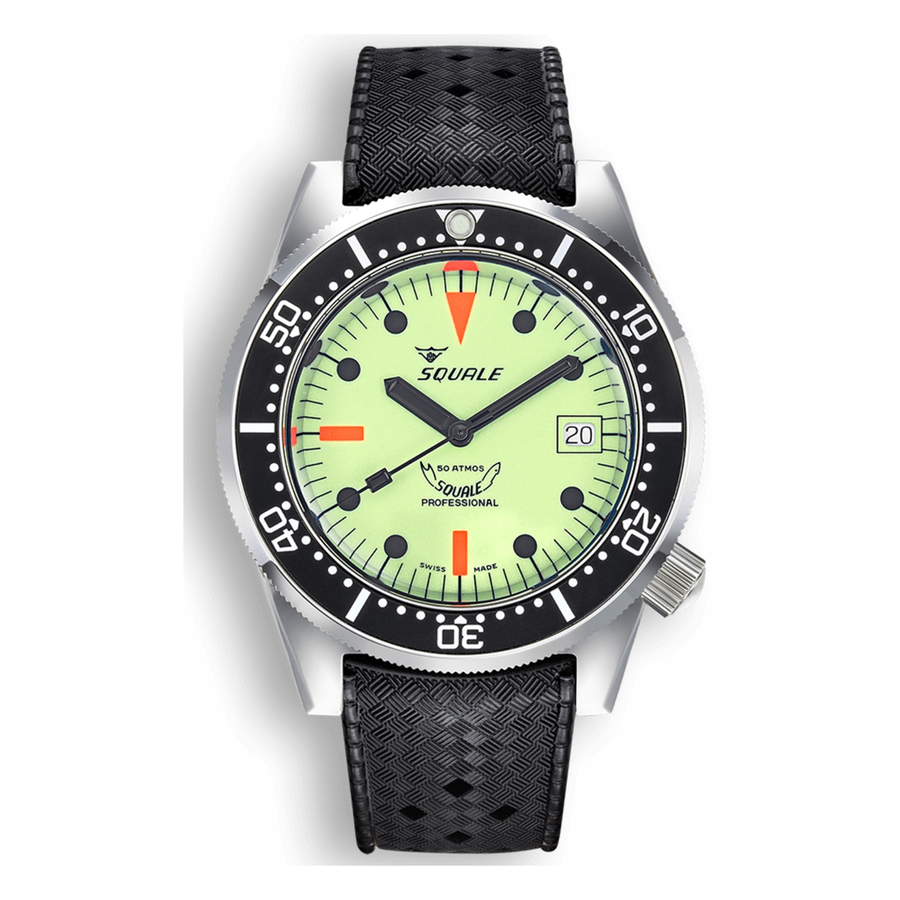 Squale 1521 Full Luminous Kautschukband 1521FULL.HT – Taucheruhr Edelstahl 42 mm, Zifferblatt Weiß, Kautschukband