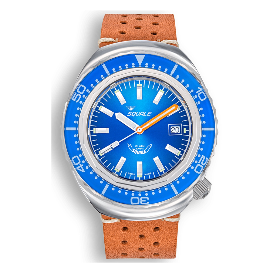 Squale 2002 Blue Lederband 2002.SS.BL.BL.PTC – Taucheruhr Edelstahl 44 mm, Zifferblatt Blau, Lederband