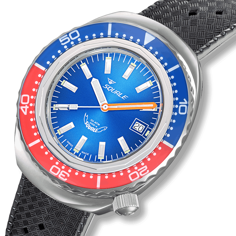 Squale 2002 Blue Red 44mm Kautschukband 2002.SS.BLR.BL.HT - Zifferblatt im Detail