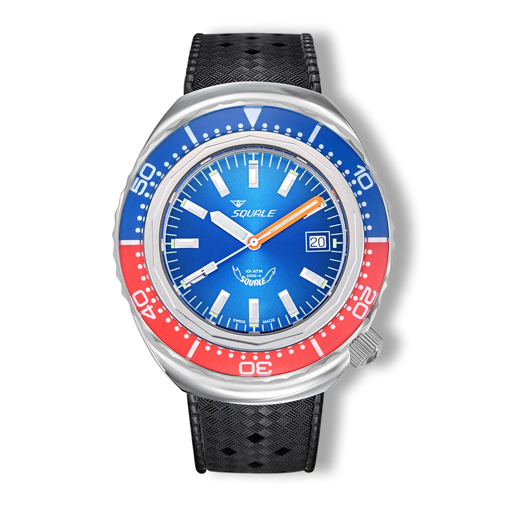 Squale 2002 Blue Red 44mm Kautschukband 2002.SS.BLR.BL.HT - Zifferblatt Blau, Armband Kautschuk