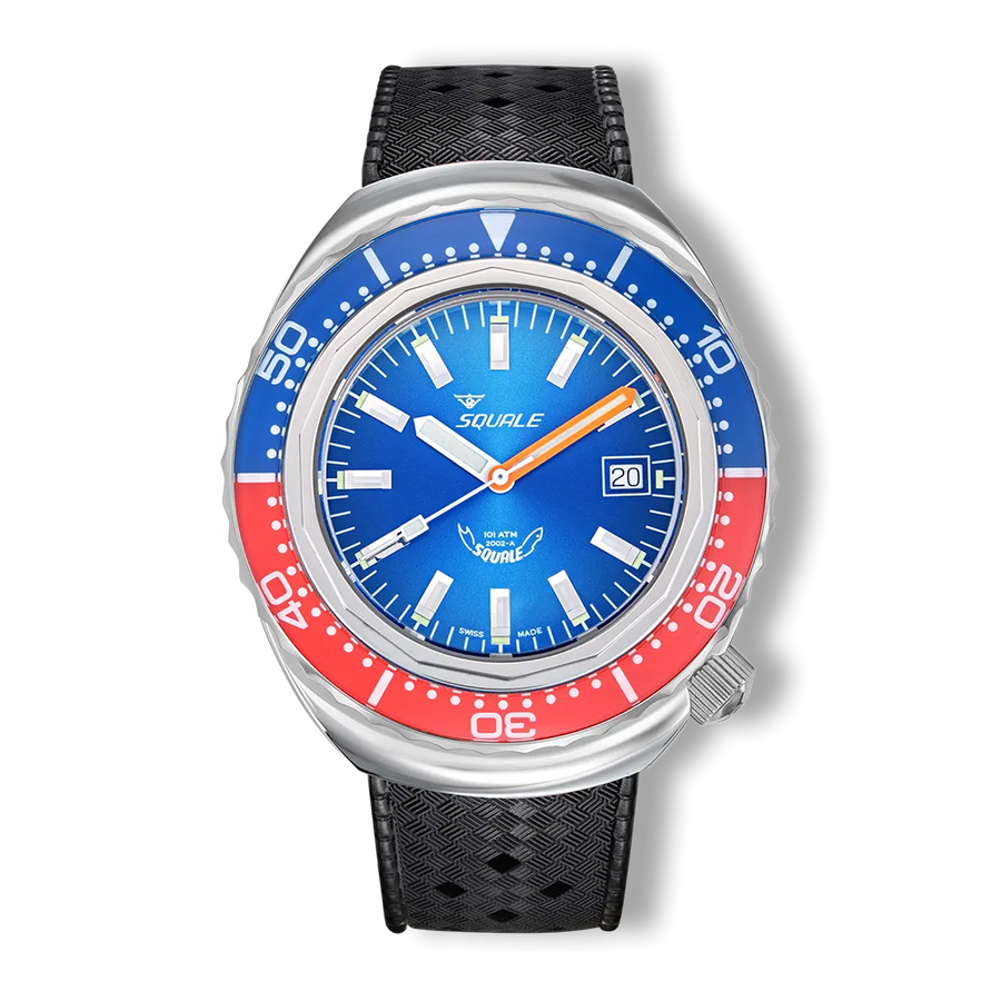 Squale 2002 Blue Red 44mm Kautschukband 2002.SS.BLR.BL.HT - Zifferblatt Blau, Armband Kautschuk