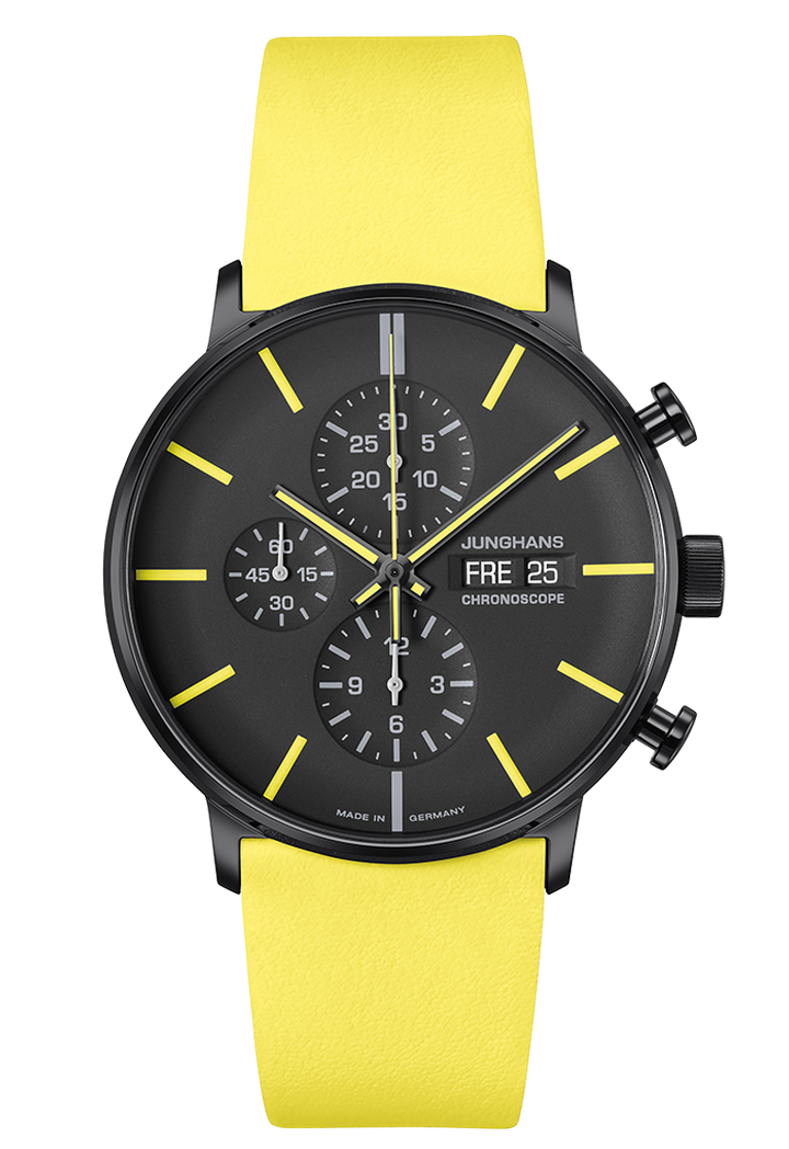 Junghans FORM A Chronoscope 42mm 27/4473.00 - Zifferblatt Schwarz, Lederarmband Gelb