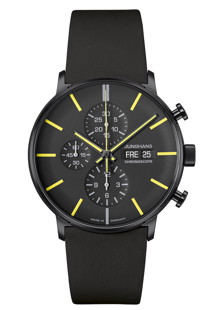 Junghans FORM A Chronoscope 42mm 27/4473.02 - Zifferblatt Schwarz, Lederarmband Schwarz