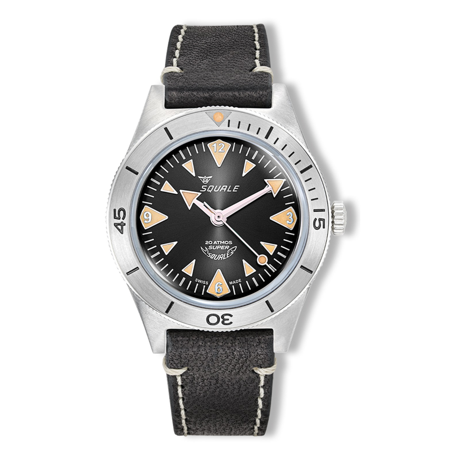 Squale Super Squale Big Arrows Black Lederband SUPERSSABK.PN – Taucheruhr Edelstahl 38 mm, Zifferblatt Schwarz, Lederband