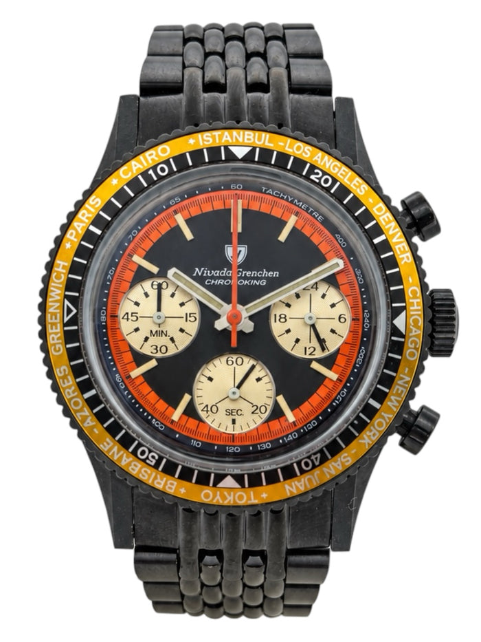 Nivada Grenchen Chronoking Mecaquartz 87041Q04 – Herrenuhr 38 mm, schwarz beschichteter Stahl, schwarzes Zifferblatt, Stahlarmband