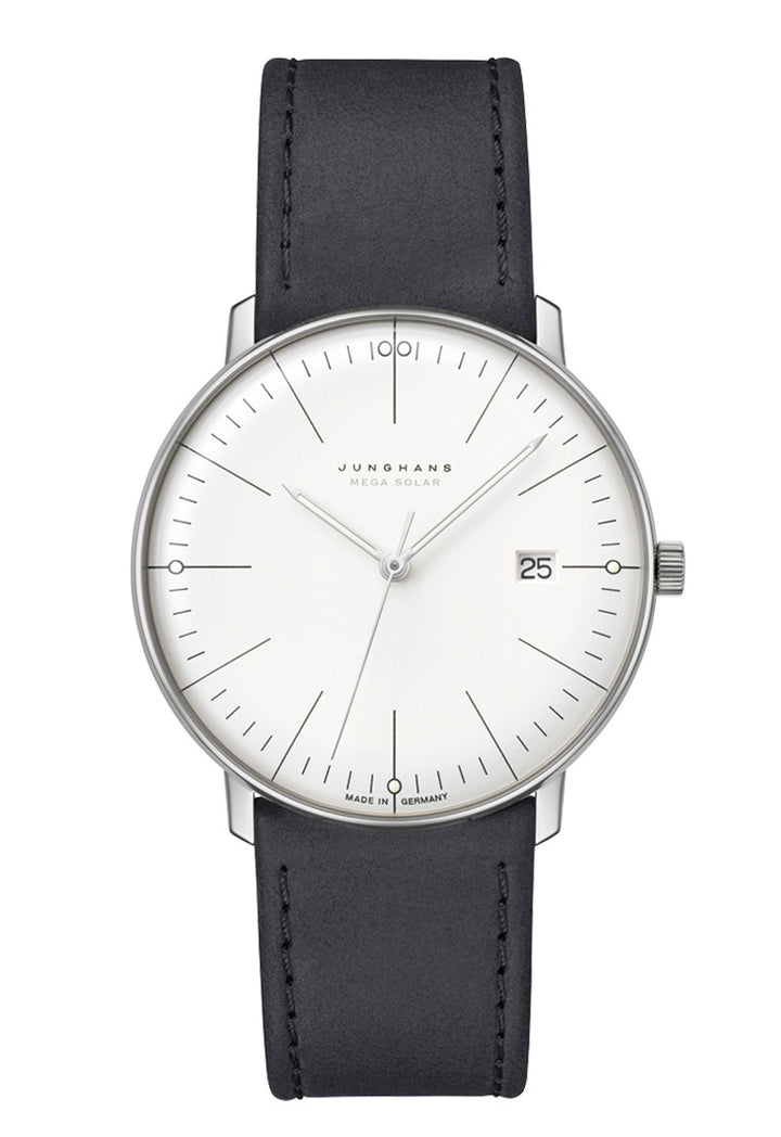 Junghans Max Bill MEGA Solar 59/2020.02 - Herrenuhr Titan 38 mm mit weißem Zifferblatt und Lederarmband