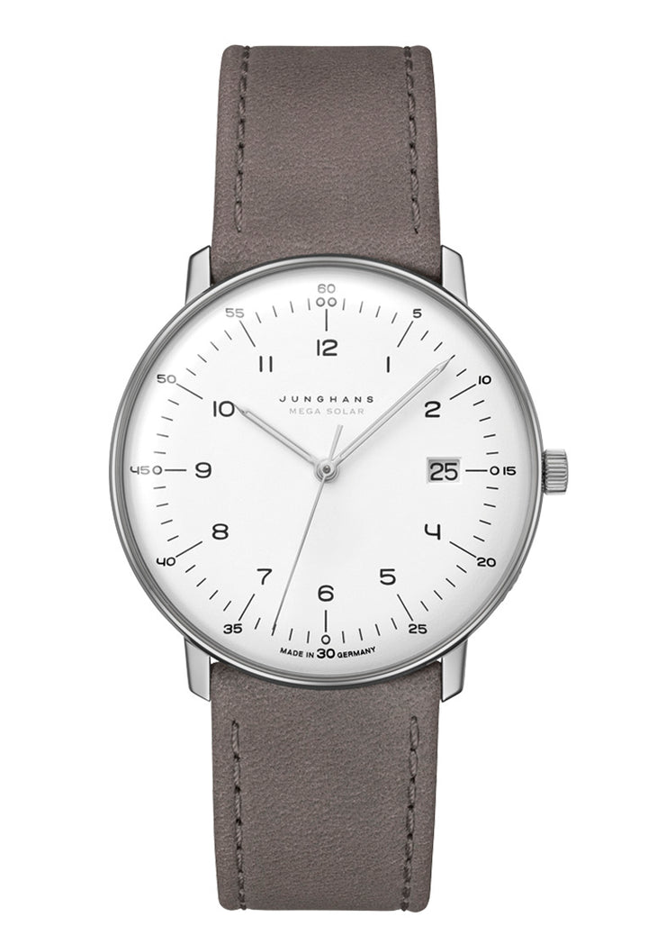 Junghans Max Bill MEGA Solar 59/2021.02 - Herrenuhr Titan 38 mm mit weißem Zifferblatt und Lederarmband