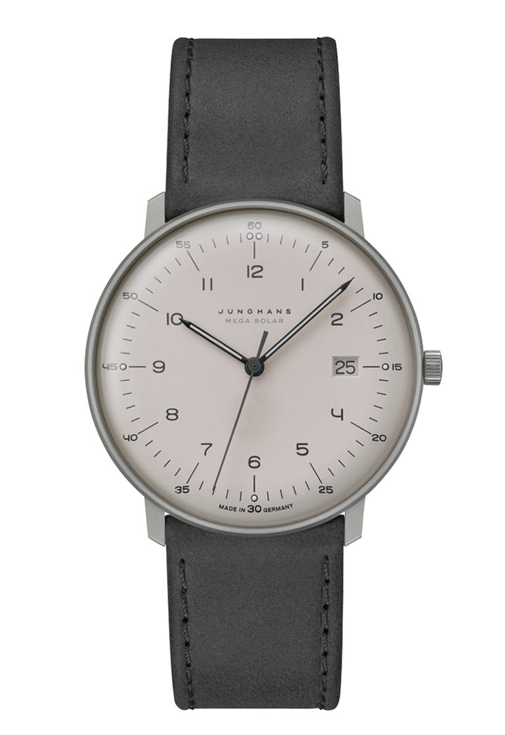 Junghans Max Bill MEGA Solar 59/2023.02 - Herrenuhr Titan 38 mm mit grauem Zifferblatt und Lederarmband