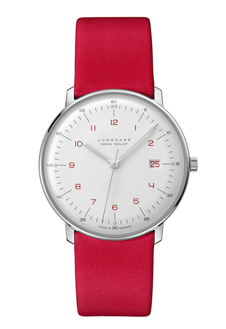 Junghans Max Bill MEGA Solar 59/4325.02 – Herrenuhr Edelstahl 38 mm mit weißem Zifferblatt und Lederarmband