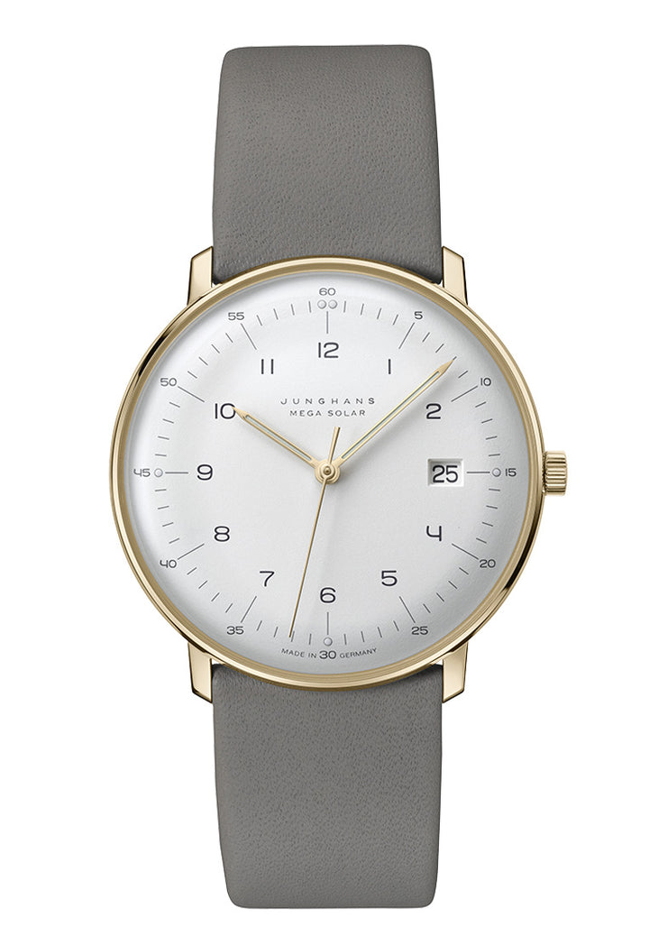 Junghans Max Bill MEGA Solar 59/7324.02 - Herrenuhr Stahl PVD sandgoldfarben 38 mm mit softgrauem Zifferblatt und Lederarmband