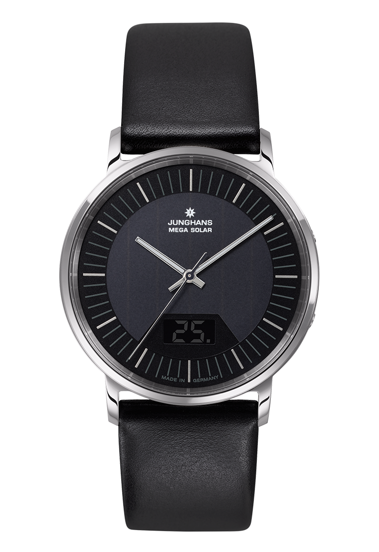 Junghans Milano Mega Solar 39,2mm 56/4220.00 - Zifferblatt Schwarz, Armband Leder