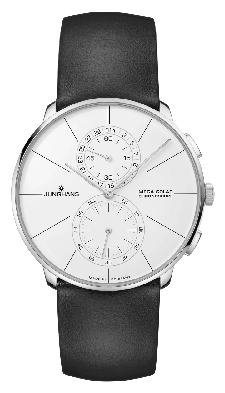 Junghans Meister fein Chronoscope MEGA Solar 39,5mm 59/4200.00 - Zifferblatt Weiß, Armband Leder
