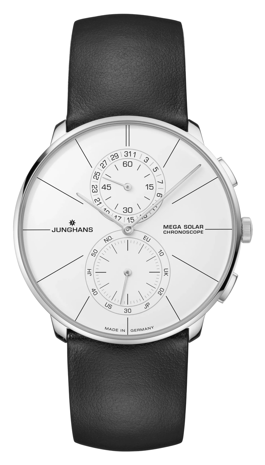 Junghans Meister fein Chronoscope MEGA Solar 39,5mm 59/4200.00 - Zifferblatt Weiß, Armband Leder