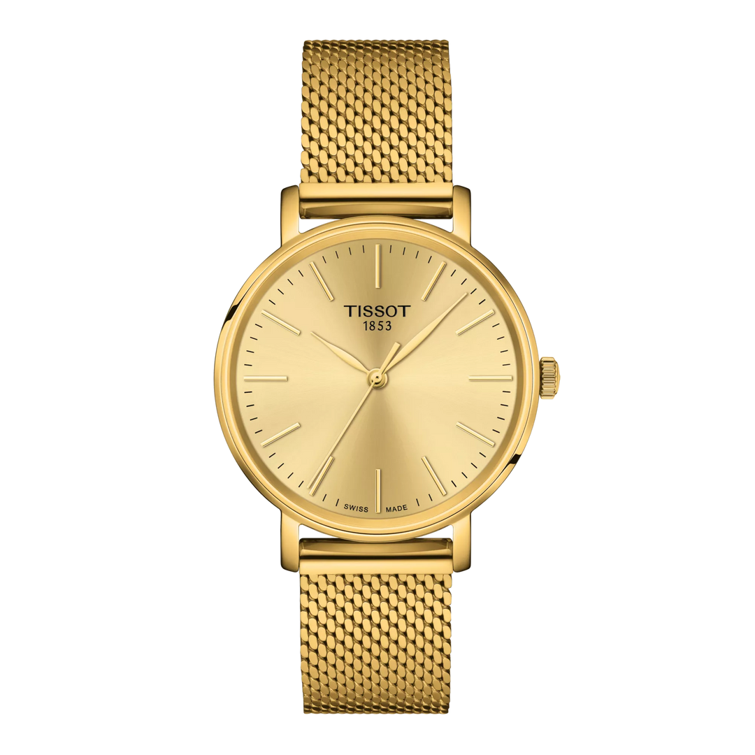 Tissot Everytime 34mm T143.210.33.021.00 - Zifferblatt Champagner, Armband Milanaise Stahl mit PVD-Beschichtung