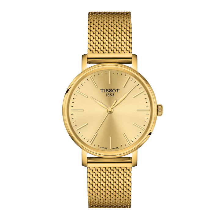 Tissot Everytime 34mm T143.210.33.021.00 - Zifferblatt Champagner, Armband Milanaise Stahl mit PVD-Beschichtung
