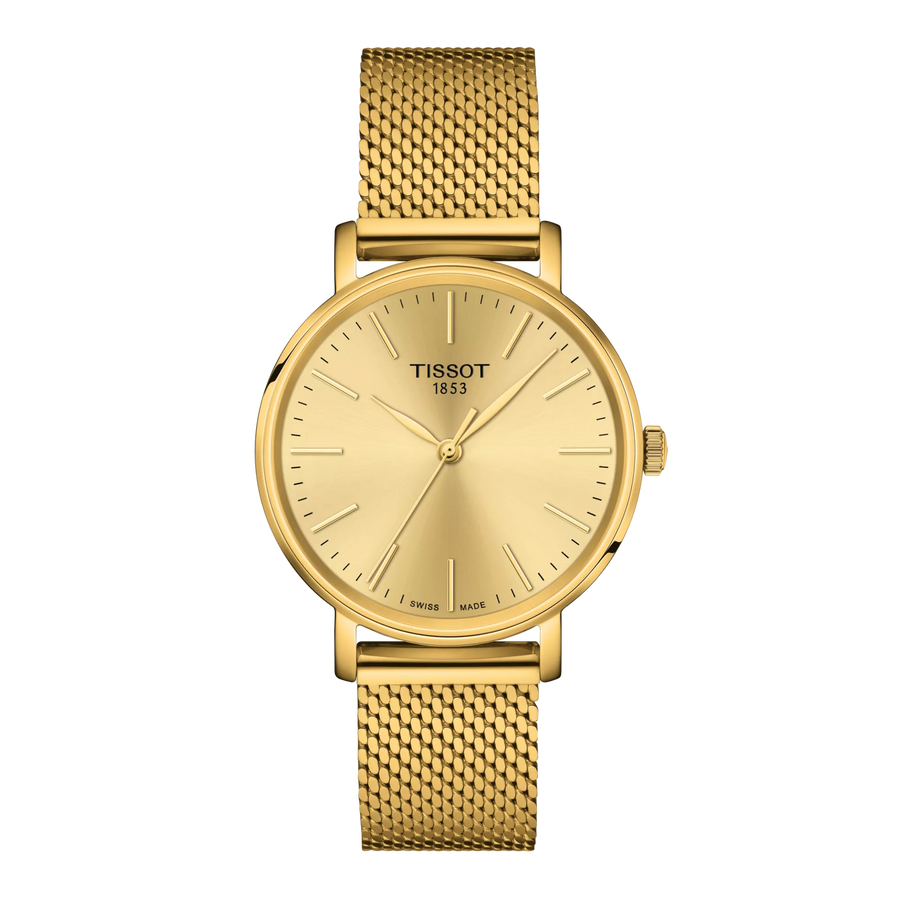 Tissot Everytime 34mm T143.210.33.021.00 - Zifferblatt Champagner, Armband Milanaise Stahl mit PVD-Beschichtung