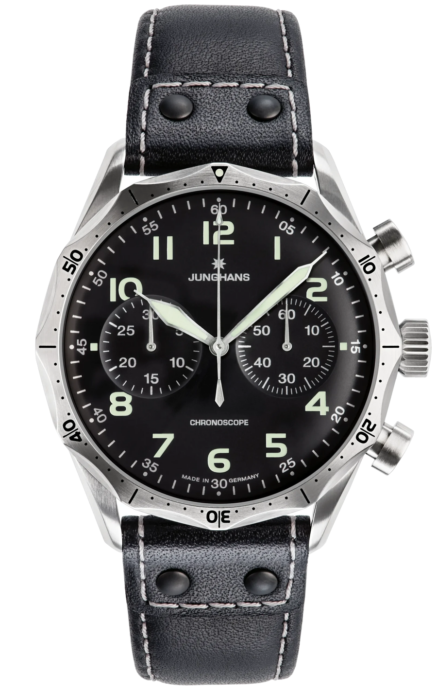Junghans Pilot Chronoscope 43,3mm 27/3590.00 - Zifferblatt Schwarz, Armband Leder