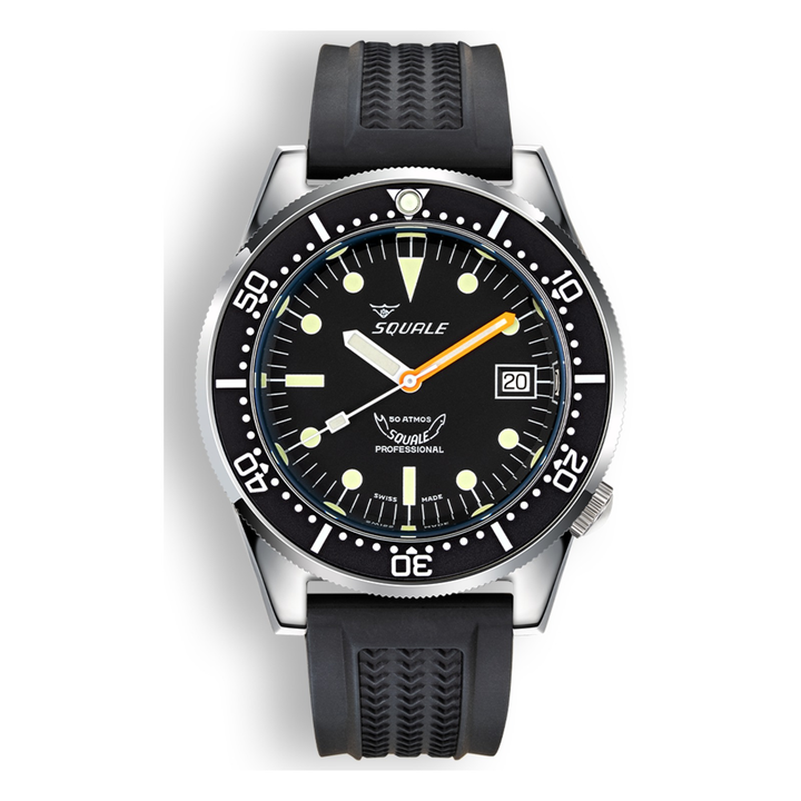 Squale 1521 Classic Kautschukband 1521CL.VO – Taucheruhr Edelstahl 42 mm, Zifferblatt Schwarz, Kautschukband