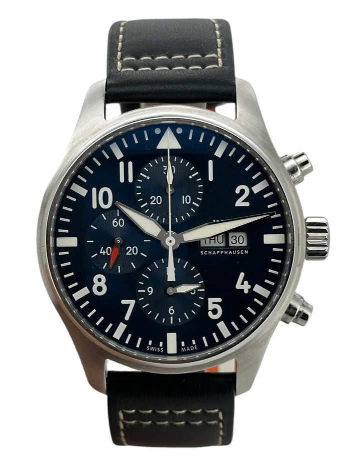 IWC Fliegeruhr Chronograph Le Petit Prince IW377714 – Herrenuhr Edelstahl 43 mm mit blauem Zifferblatt und Lederarmband
