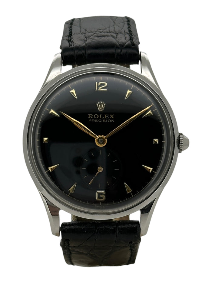 Rolex Precision Vintage 1947 4583 – Herrenuhr Edelstahl 35 mm mit schwarzem Zifferblatt und Lederarmband