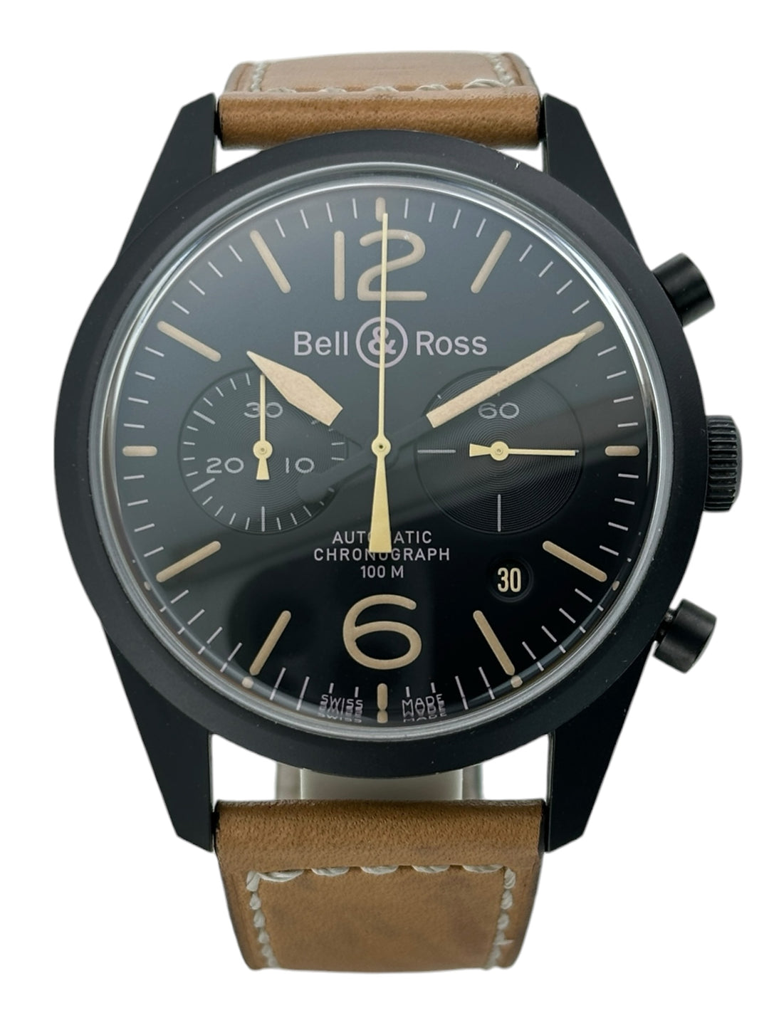 Bell & Ross Vintage BR 126 Chronograph BR126-94 – Herrenuhr Edelstahl 41 mm mit schwarzem Zifferblatt und braunem Lederarmband