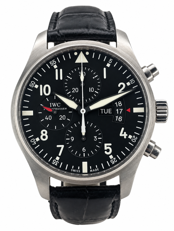 IWC Fliegeruhr Chronograph IW377701 – Herrenuhr Edelstahl 43 mm mit schwarzem Zifferblatt und Lederarmband