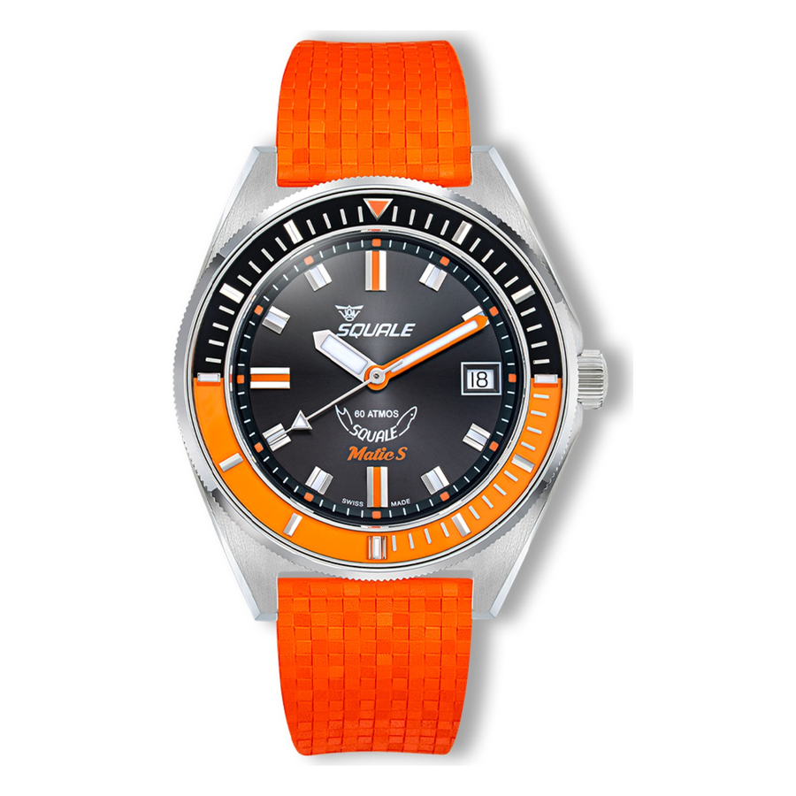 Squale Matic S Orange Mosaik-Kautschukband MATICBKOBK.MROR – Taucheruhr Edelstahl 39,5 mm, Zifferblatt Schwarz, Mosaik-Kautschukband