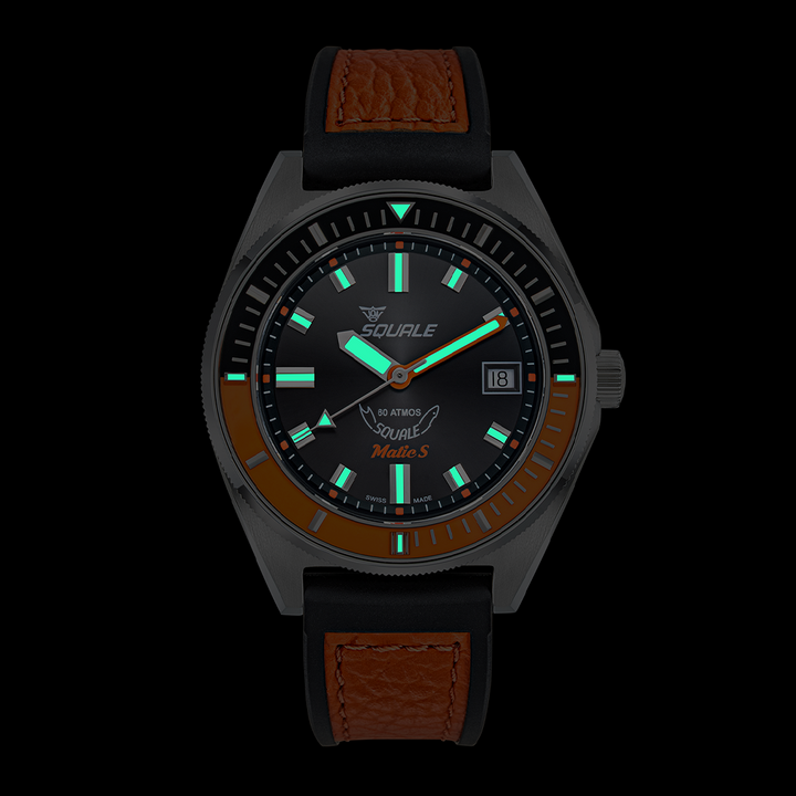 Squale Matic S Orange 39,5mm Hydro-Lederband MATICBKOBK.RLOR - Leuchtmasse im Dunkeln
