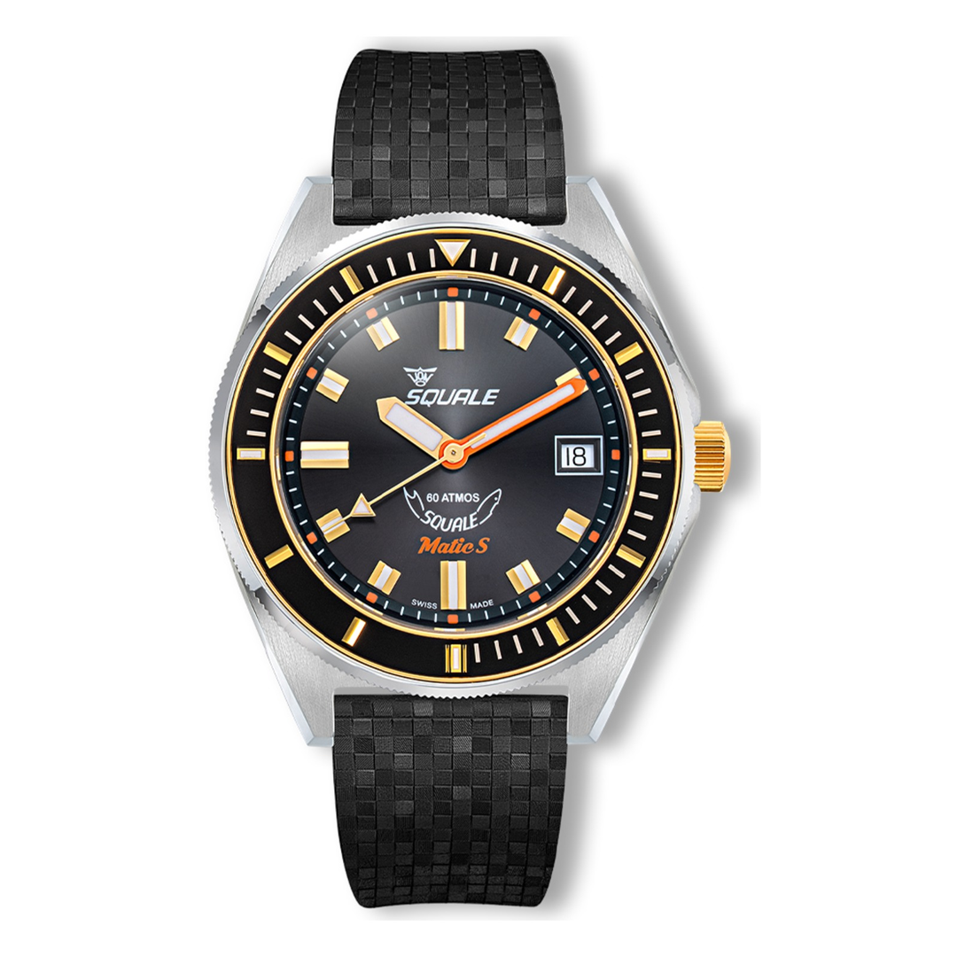 Squale Matic S Two-Tone Mosaik-Kautschukband MATICGBKBK.MRBK – Taucheruhr Edelstahl 39,5 mm, Zifferblatt Schwarz, Mosaik-Kautschukband
