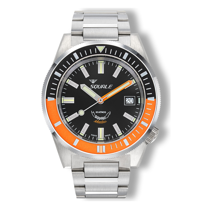 Squale Matic Satin Orange Edelstahlband MATICXSC.SQ22B – Taucheruhr Edelstahl 44 mm, Zifferblatt Schwarz, Edelstahlband