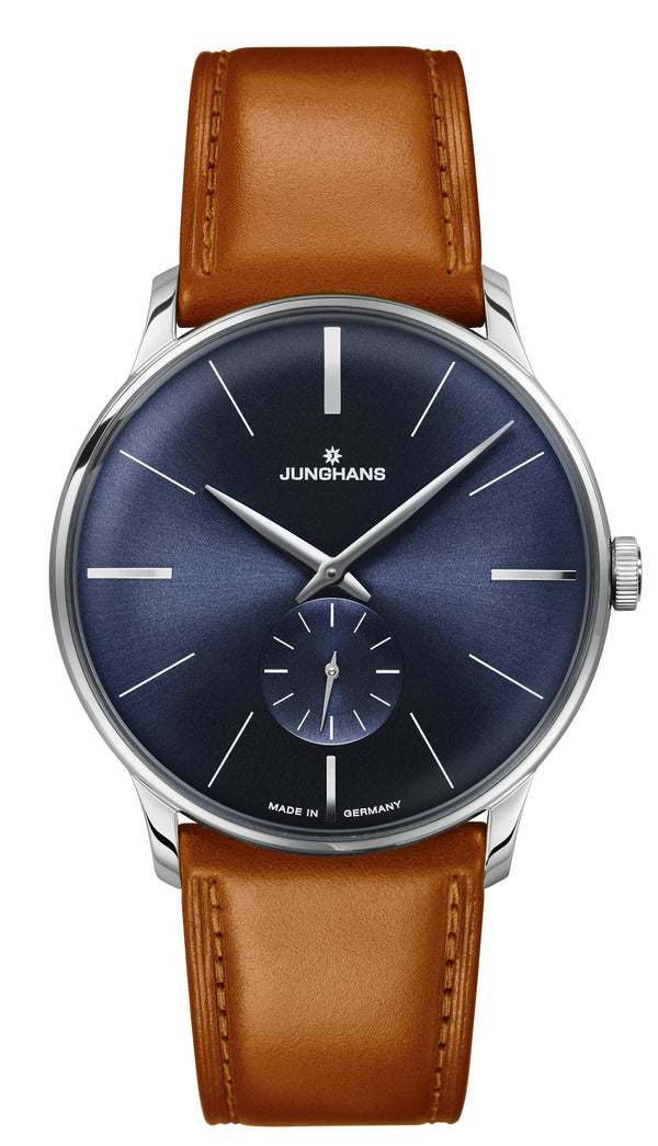 Junghans Meister Handaufzug 27/3504.02 – Herrenuhr Edelstahl 37,7 mm mit blauem Zifferblatt und Lederarmband