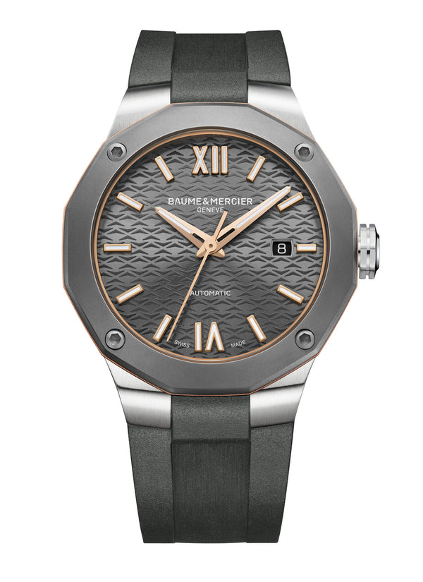 Baume & Mercier Riviera 10660 – Herrenuhr Edelstahl 42 mm mit Titanlünette, grauem Zifferblatt und Kautschukarmband