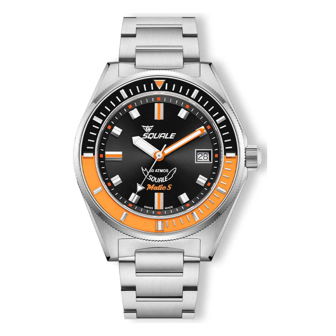 Squale Matic S Orange Edelstahlband MATICBKOBK.SSBX – Taucheruhr Edelstahl 39,5 mm, Zifferblatt Schwarz, Edelstahlband