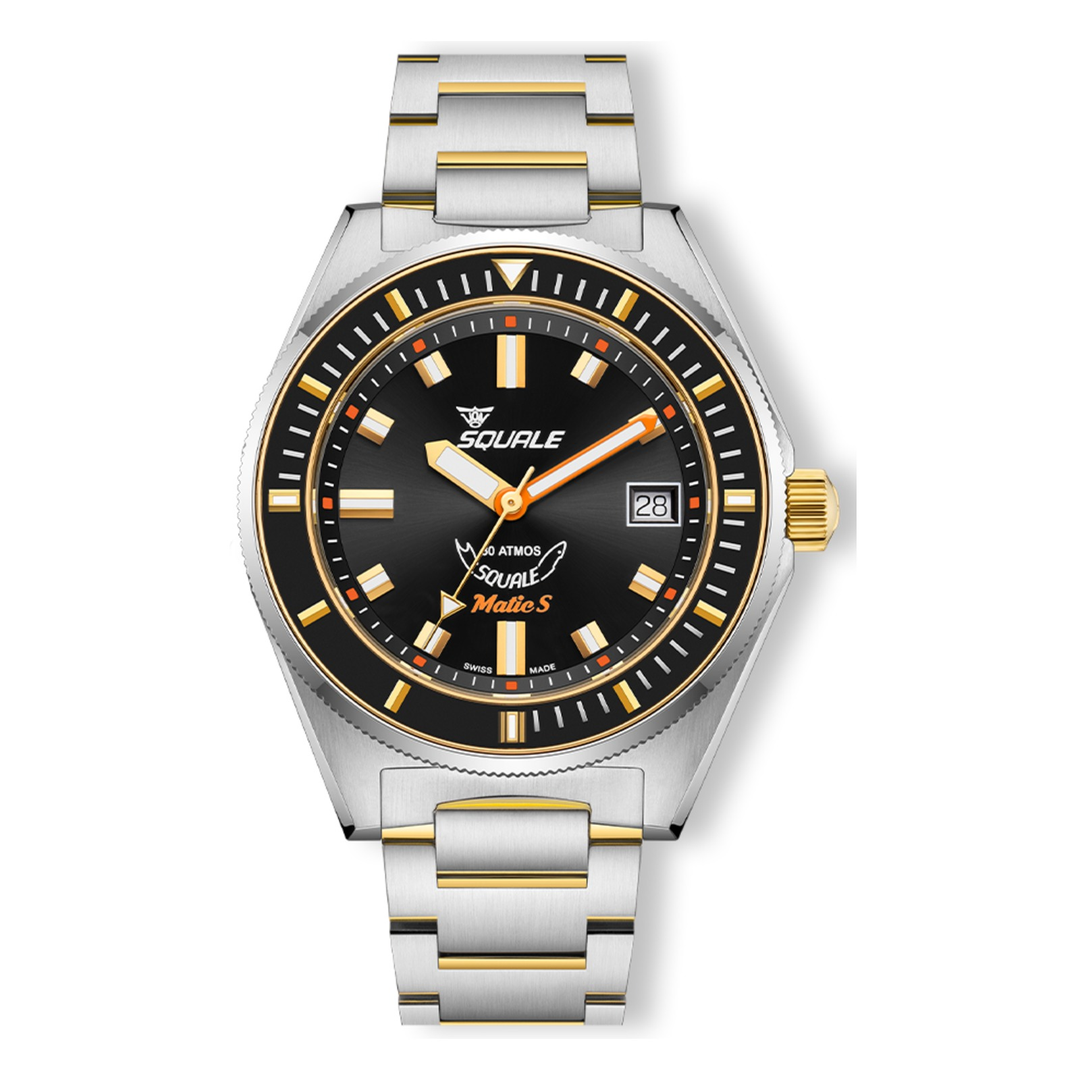 Squale Matic S Two-Tone Edelstahlband MATICGBKBK.SSBI – Taucheruhr Edelstahl 39,5 mm, Zifferblatt Schwarz, Edelstahlband