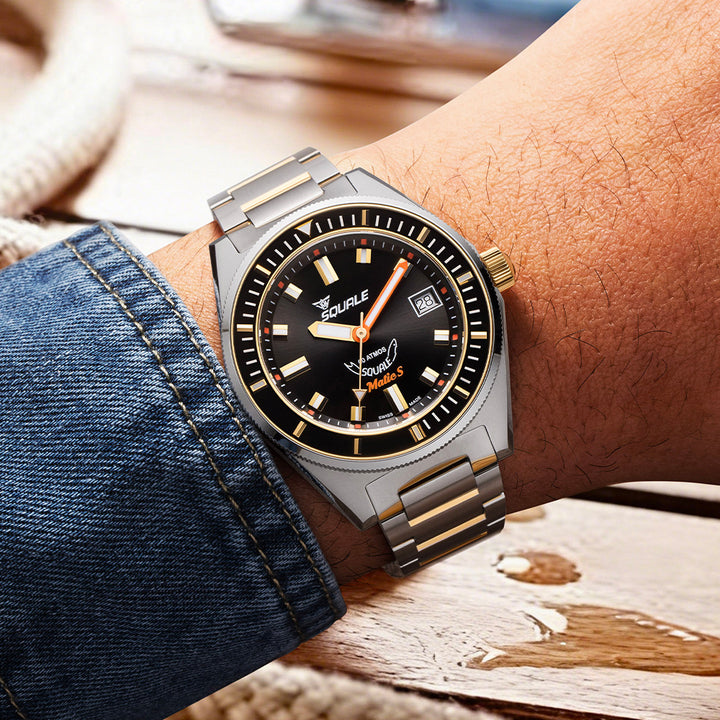 Squale Matic S Two-Tone Mosaik-Kautschukband MATICGBKBK.MRBK – am Handgelenk