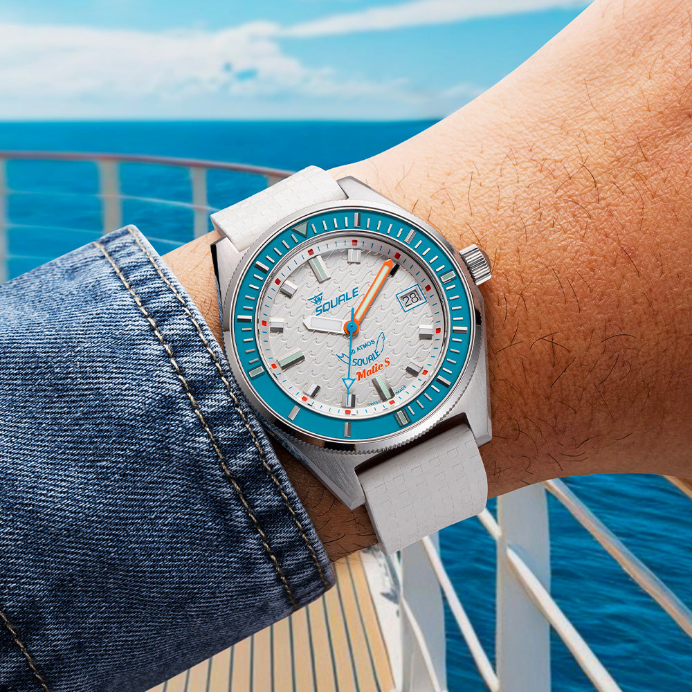 Squale Matic S White Mosaik-Kautschukband MATICLBWT.MRWT – am Handgelenk
