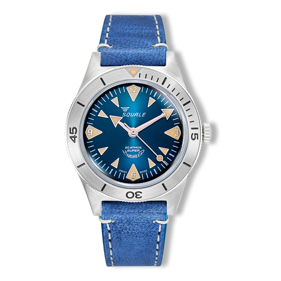 Squale Super Squale Big Arrows Blue Lederband SUPERSSABL.PBL – Taucheruhr Edelstahl 38 mm, Zifferblatt Blau, Lederband