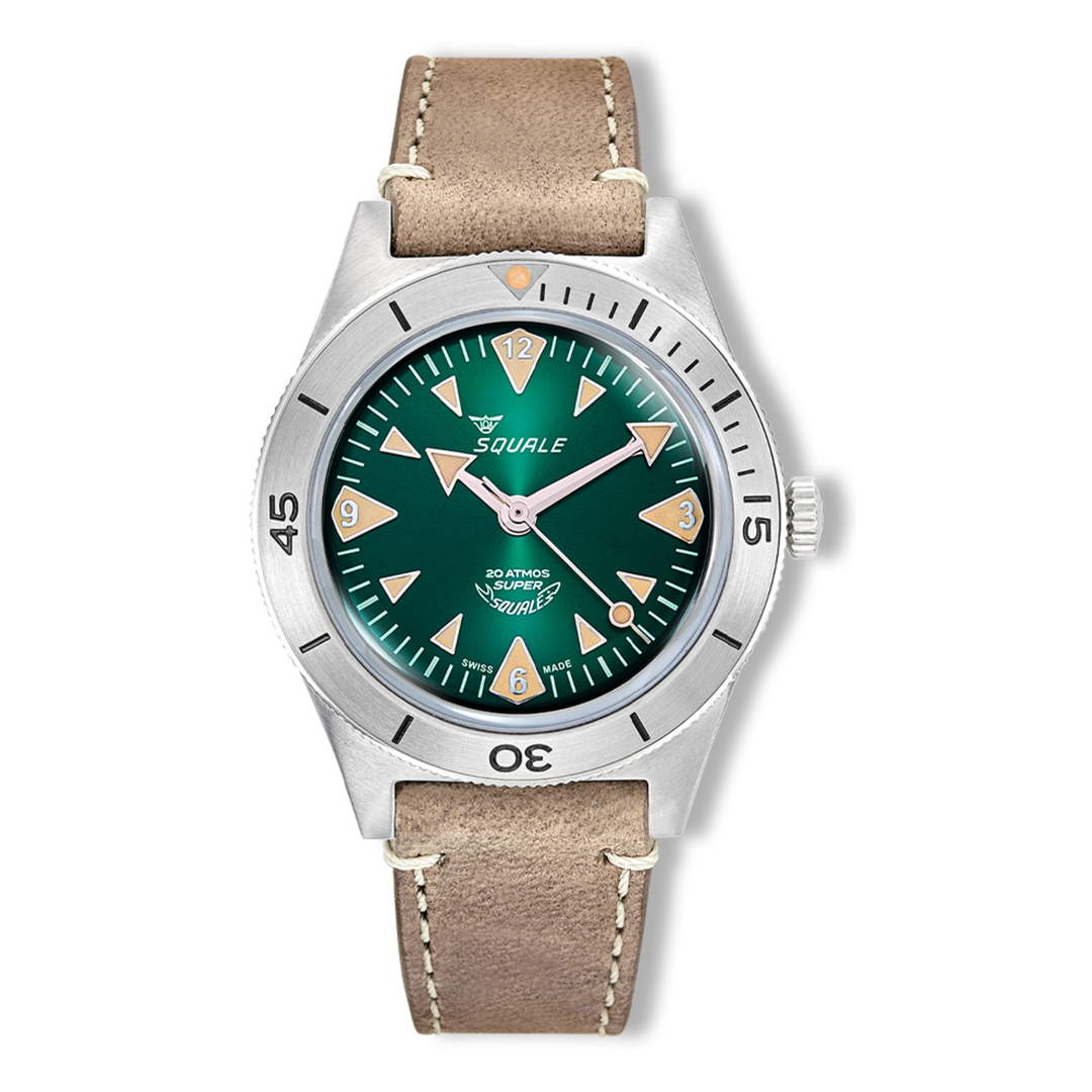 Squale Super Squale Big Arrows Green Lederband SUPERSSAGR.PTO – Taucheruhr Edelstahl 38 mm, Zifferblatt Grün, Lederband
