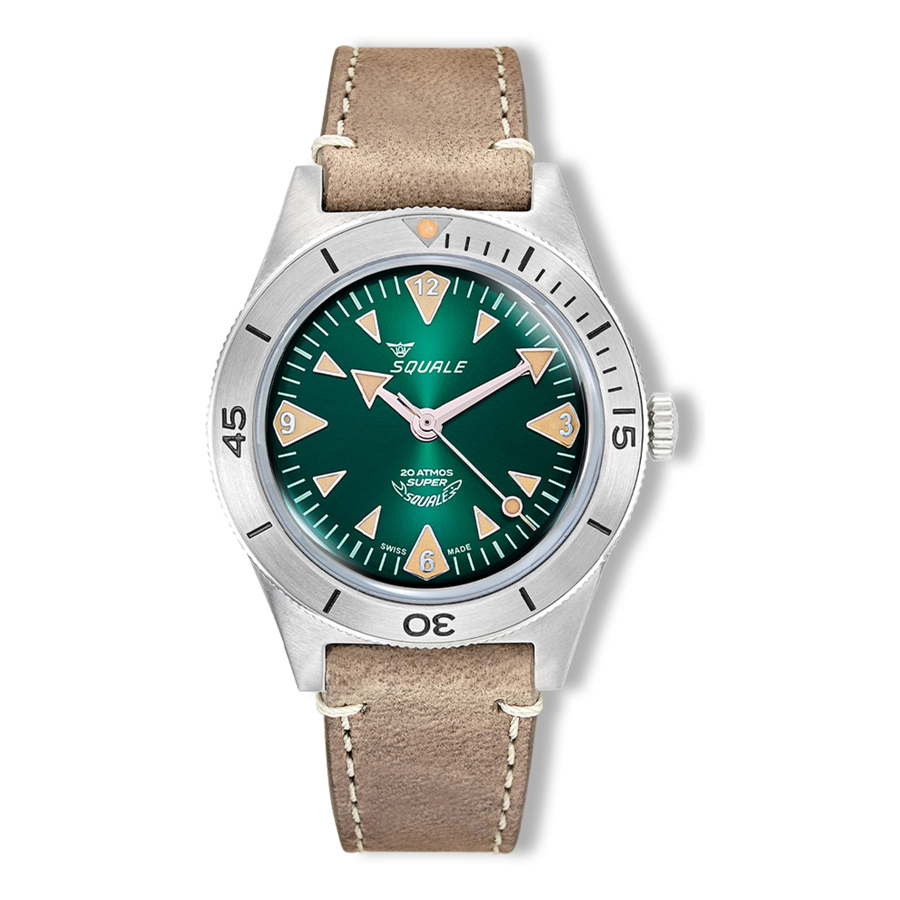 Squale Super Squale Big Arrows Green Lederband SUPERSSAGR.PTO – Taucheruhr Edelstahl 38 mm, Zifferblatt Grün, Lederband