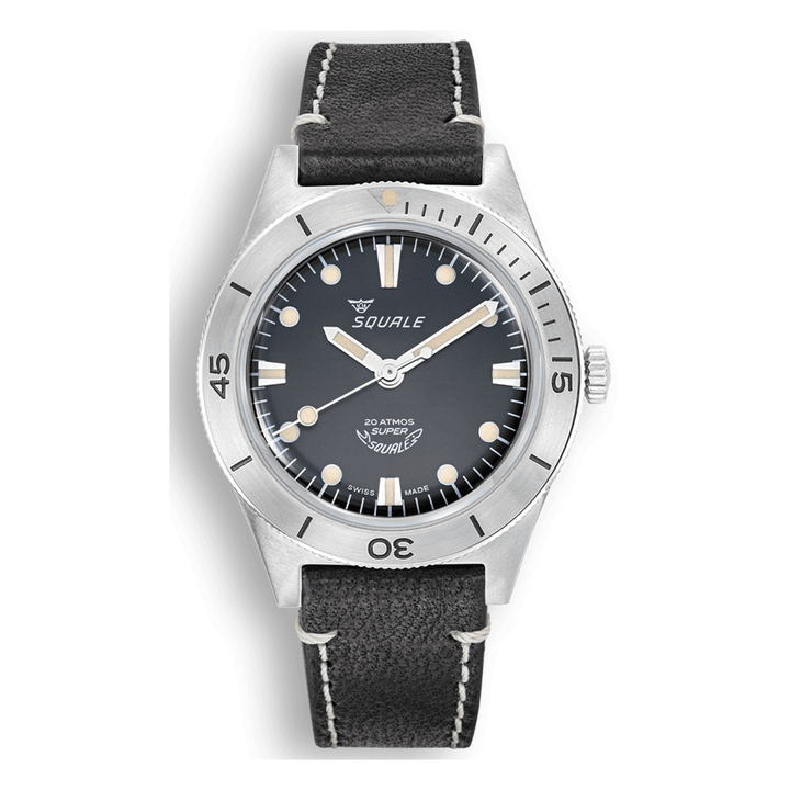 Squale Super Squale Sunray Black Lederband SUPERSSBK.PN – Taucheruhr Edelstahl 38 mm, Zifferblatt Schwarz, Lederband