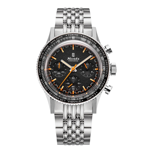 Nivada Grenchen Chronoking Mecaquartz 87042Q – Herrenuhr Edelstahl 38 mm mit schwarzem Zifferblatt und Kautschukarmband