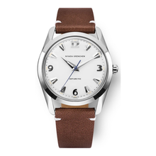 Nivada Grenchen Antarctic 35mm White 35005M – Herrenuhr Edelstahl 35 mm mit weißem Zifferblatt und Lederarmband