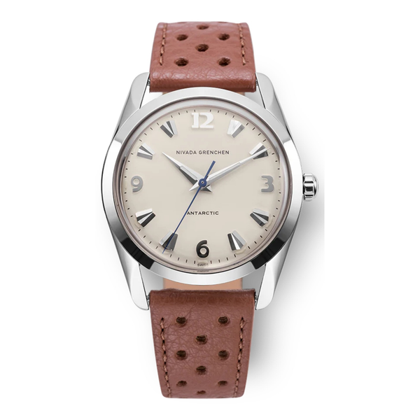 Nivada Grenchen Antarctic 35mm Eggshell White 35004M – Herrenuhr Edelstahl 35 mm mit weißem Zifferblatt und Lederarmband
