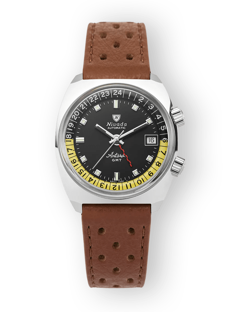 Nivada Grenchen Antarctic GMT Black 36mm Racing-Armband Braun 32043A23 - Zifferblatt Schwarz, Armband Leder