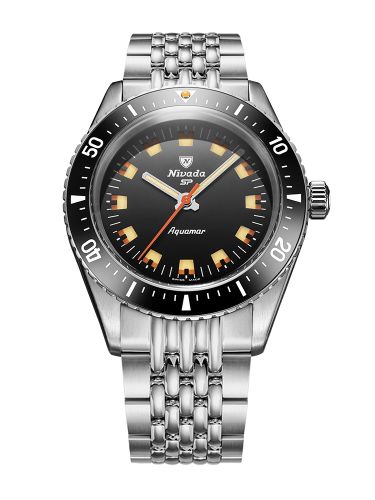 Nivada Grenchen Antarctic Diver Aquamar Black 38mm Edelstahlarmband Beads of Rice 32068A04 - Zifferblatt Schwarz, Armband Stahl